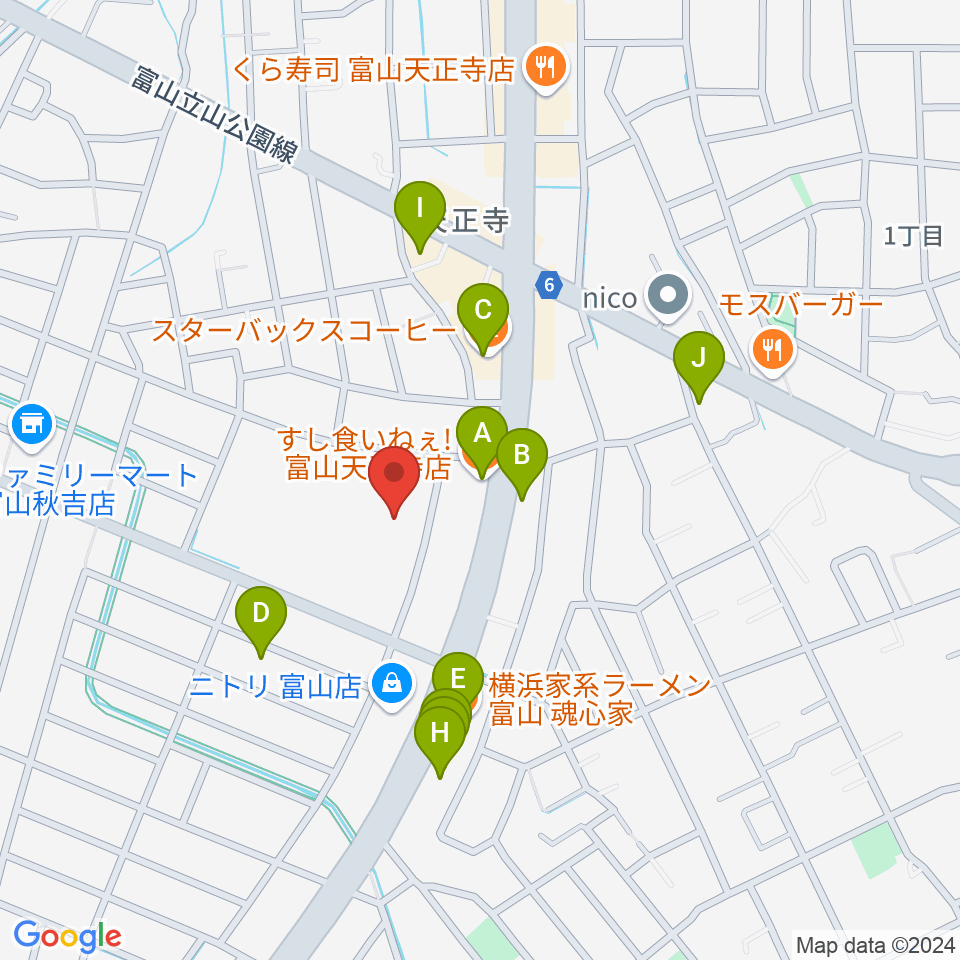 富山市2000年体育館周辺のファミレス・ファーストフード一覧地図