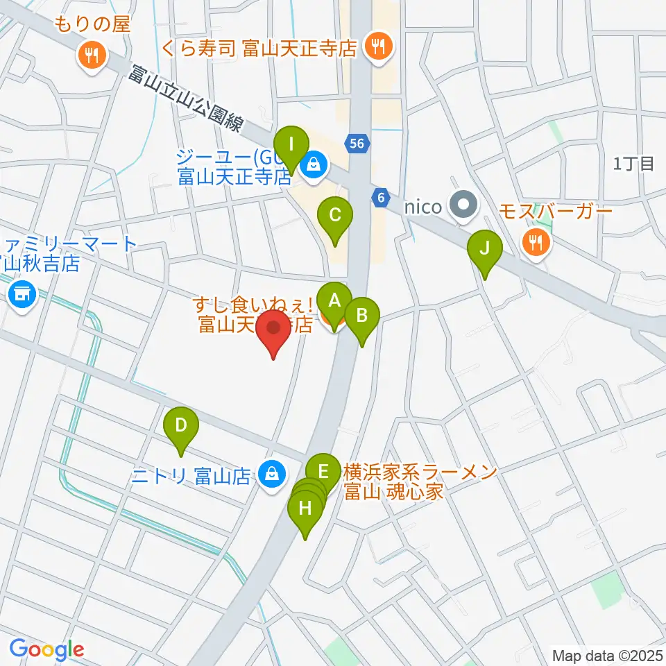 富山市2000年体育館周辺のファミレス・ファーストフード一覧地図