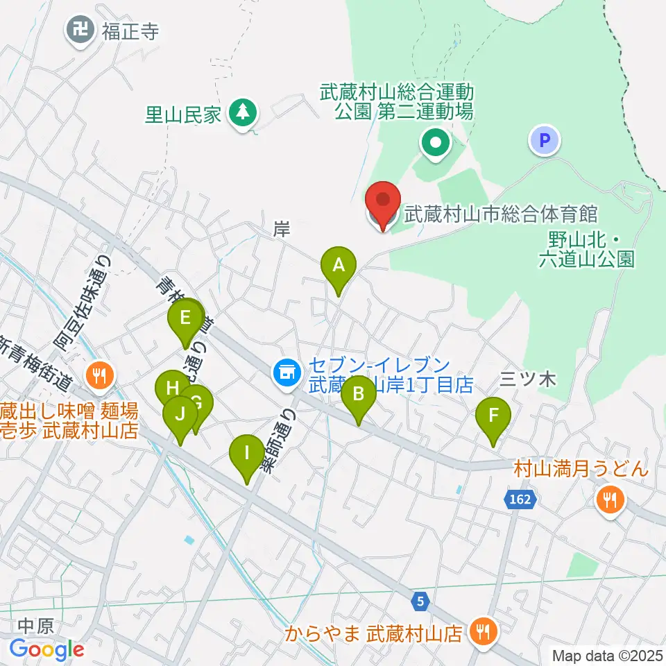 武蔵村山市総合体育館周辺のファミレス・ファーストフード一覧地図