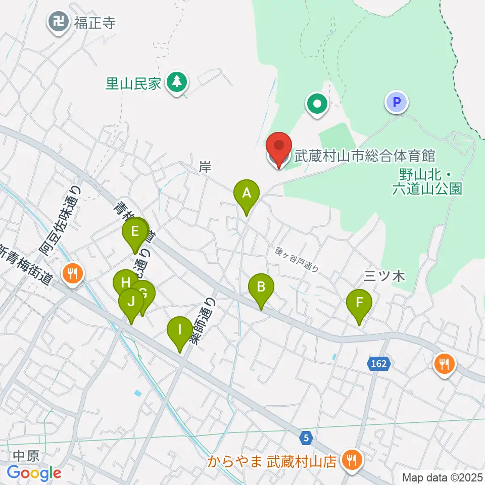 武蔵村山市総合体育館周辺のファミレス・ファーストフード一覧地図