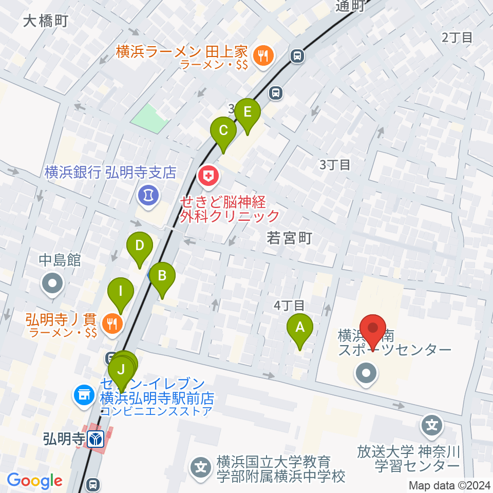 横浜市南スポーツセンター周辺のファミレス・ファーストフード一覧地図