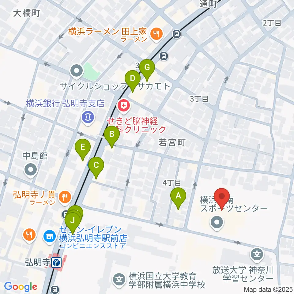 横浜市南スポーツセンター周辺のファミレス・ファーストフード一覧地図