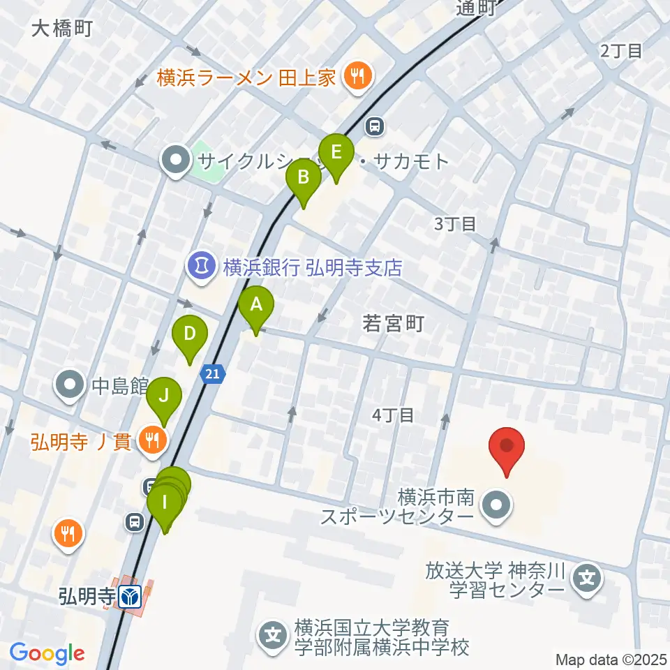 横浜市南スポーツセンター周辺のファミレス・ファーストフード一覧地図
