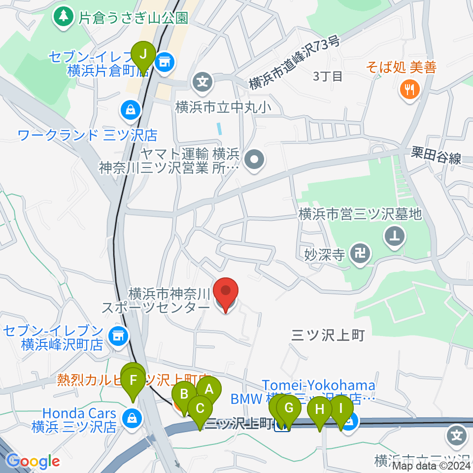 横浜市神奈川スポーツセンター周辺のファミレス・ファーストフード一覧地図