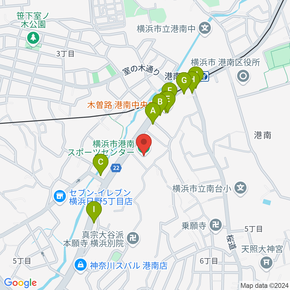 横浜市港南スポーツセンター周辺のファミレス・ファーストフード一覧地図