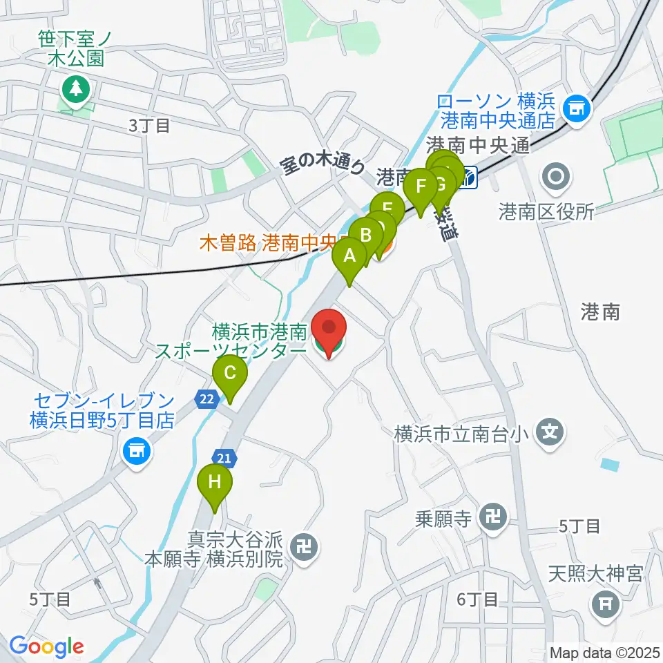 横浜市港南スポーツセンター周辺のファミレス・ファーストフード一覧地図