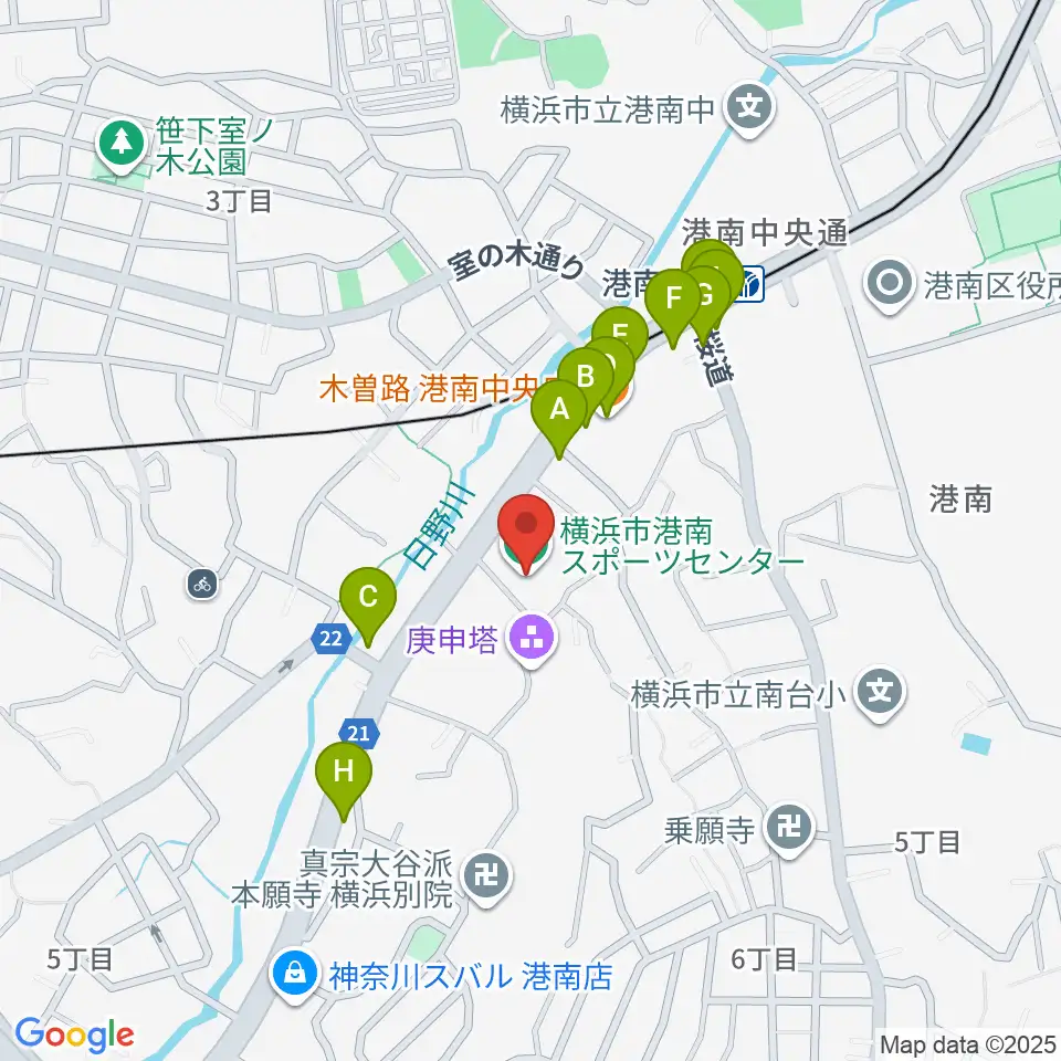横浜市港南スポーツセンター周辺のファミレス・ファーストフード一覧地図