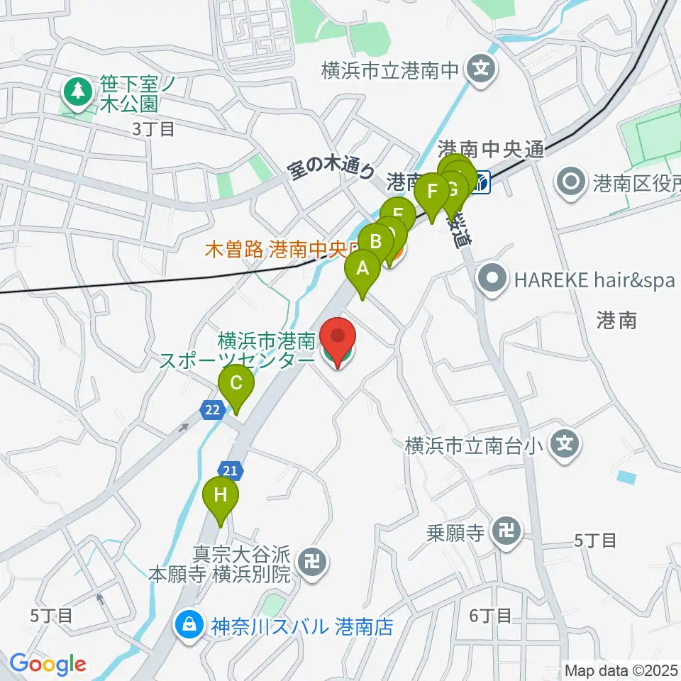 横浜市港南スポーツセンター周辺のファミレス・ファーストフード一覧地図
