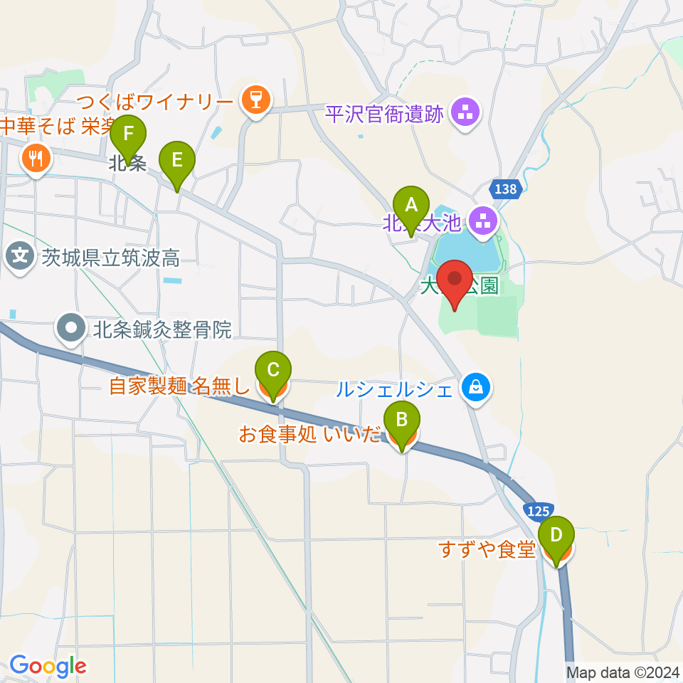 筑波総合体育館周辺のファミレス・ファーストフード一覧地図