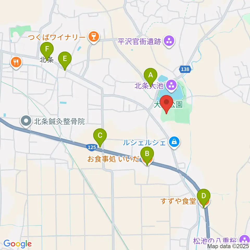 筑波総合体育館周辺のファミレス・ファーストフード一覧地図