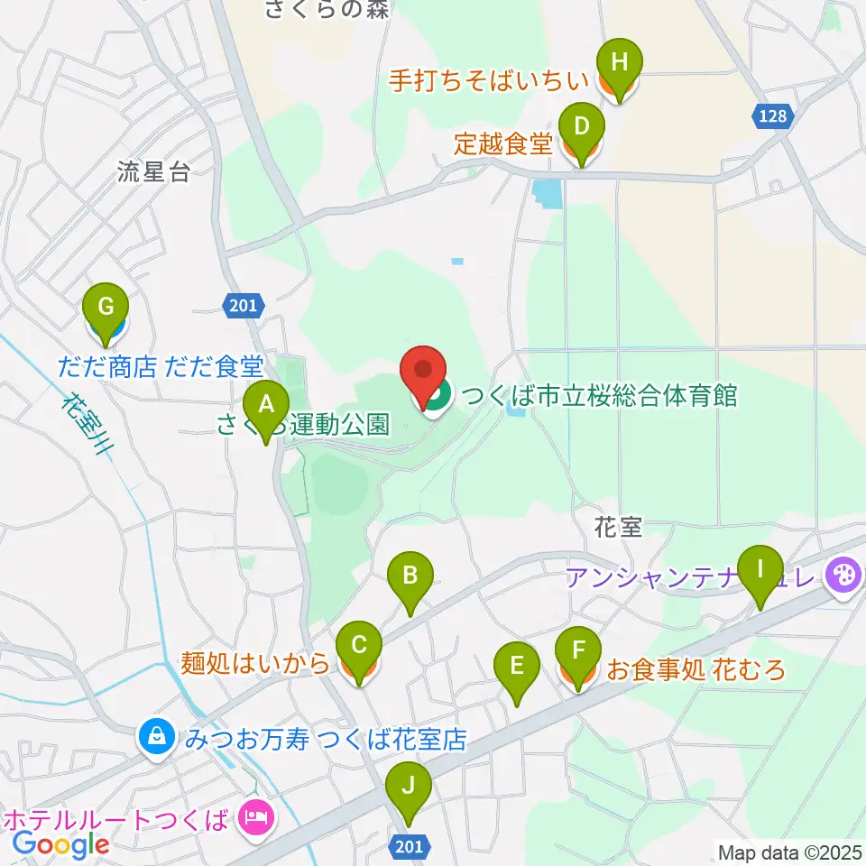 つくば市桜総合体育館周辺のファミレス・ファーストフード一覧地図