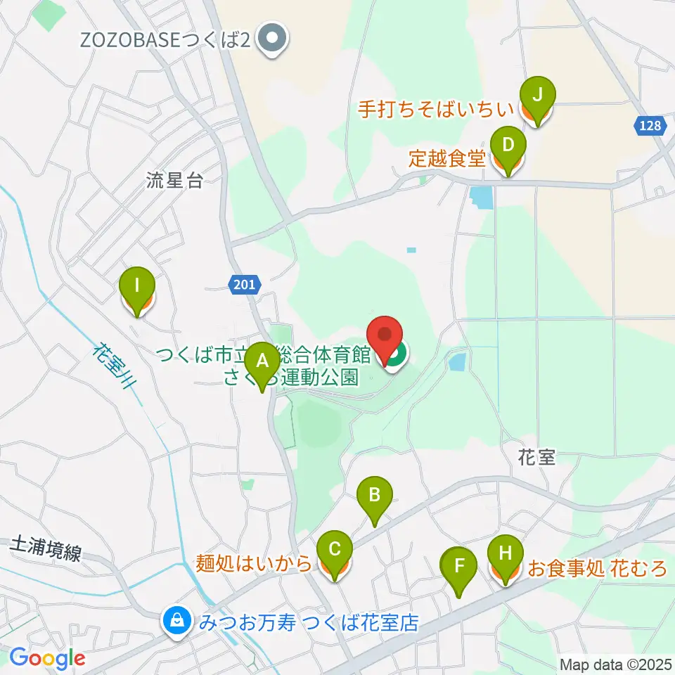 つくば市桜総合体育館周辺のファミレス・ファーストフード一覧地図