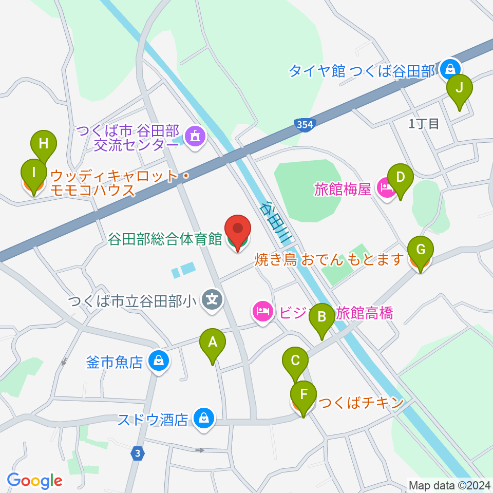 つくば市谷田部総合体育館周辺のファミレス・ファーストフード一覧地図