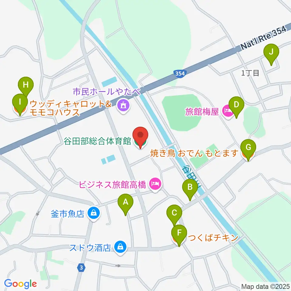 つくば市谷田部総合体育館周辺のファミレス・ファーストフード一覧地図