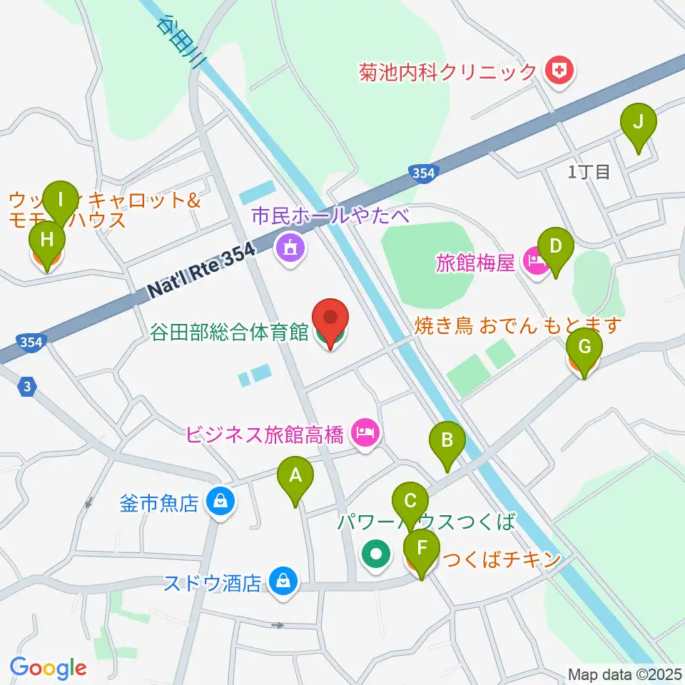 つくば市谷田部総合体育館周辺のファミレス・ファーストフード一覧地図