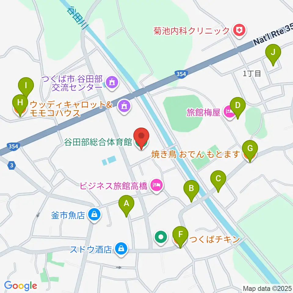 つくば市谷田部総合体育館周辺のファミレス・ファーストフード一覧地図