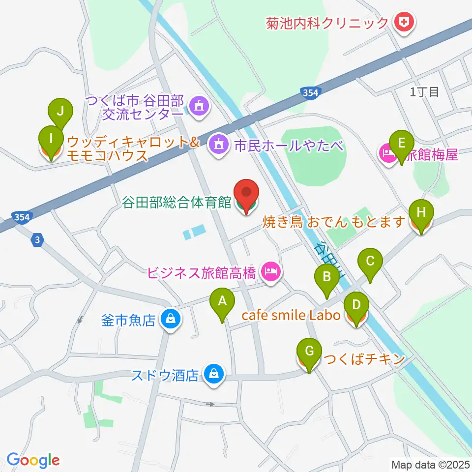 つくば市谷田部総合体育館周辺のファミレス・ファーストフード一覧地図