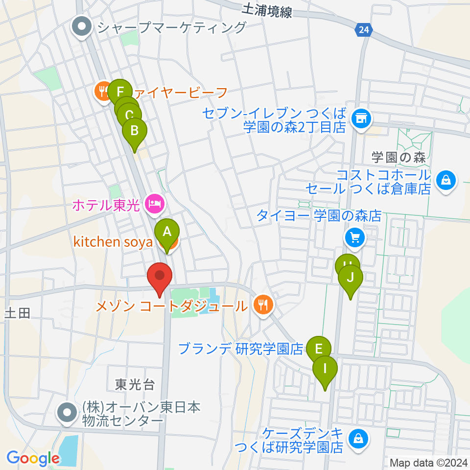 つくば市東光台体育館周辺のファミレス・ファーストフード一覧地図