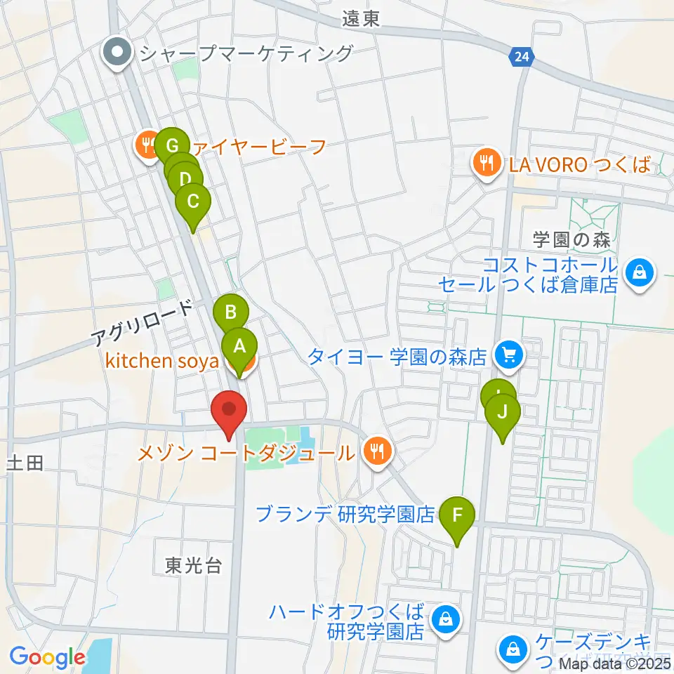 つくば市東光台体育館周辺のファミレス・ファーストフード一覧地図