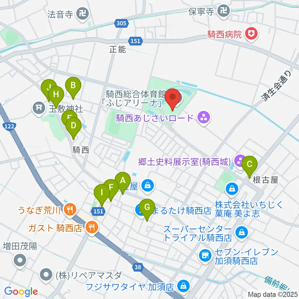 騎西総合体育館ふじアリーナ周辺のファミレス・ファーストフード一覧地図