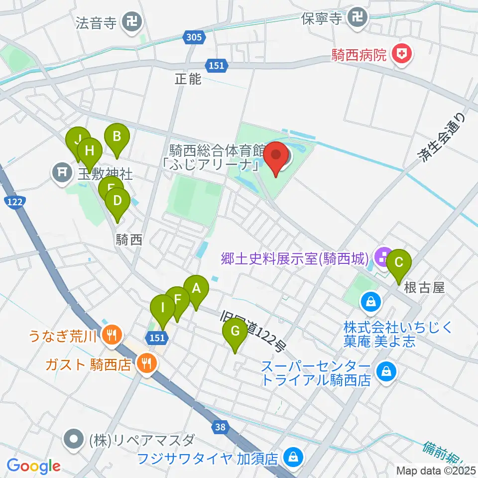 騎西総合体育館ふじアリーナ周辺のファミレス・ファーストフード一覧地図
