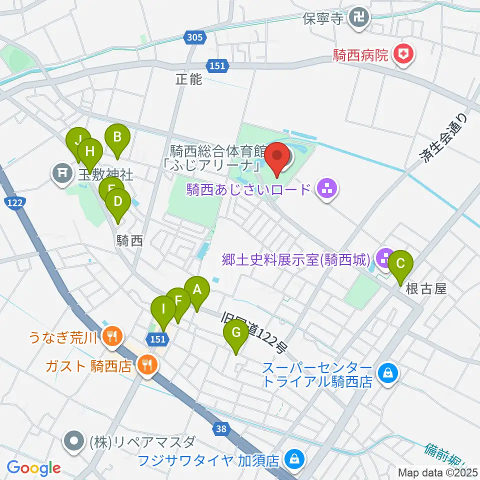 騎西総合体育館ふじアリーナ周辺のファミレス・ファーストフード一覧地図