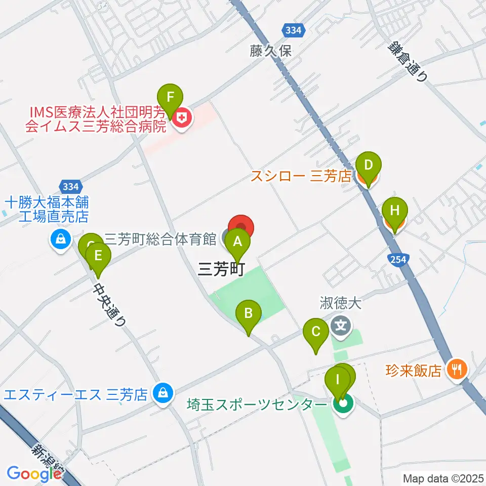 三芳町総合体育館みよしアリーナ周辺のファミレス・ファーストフード一覧地図