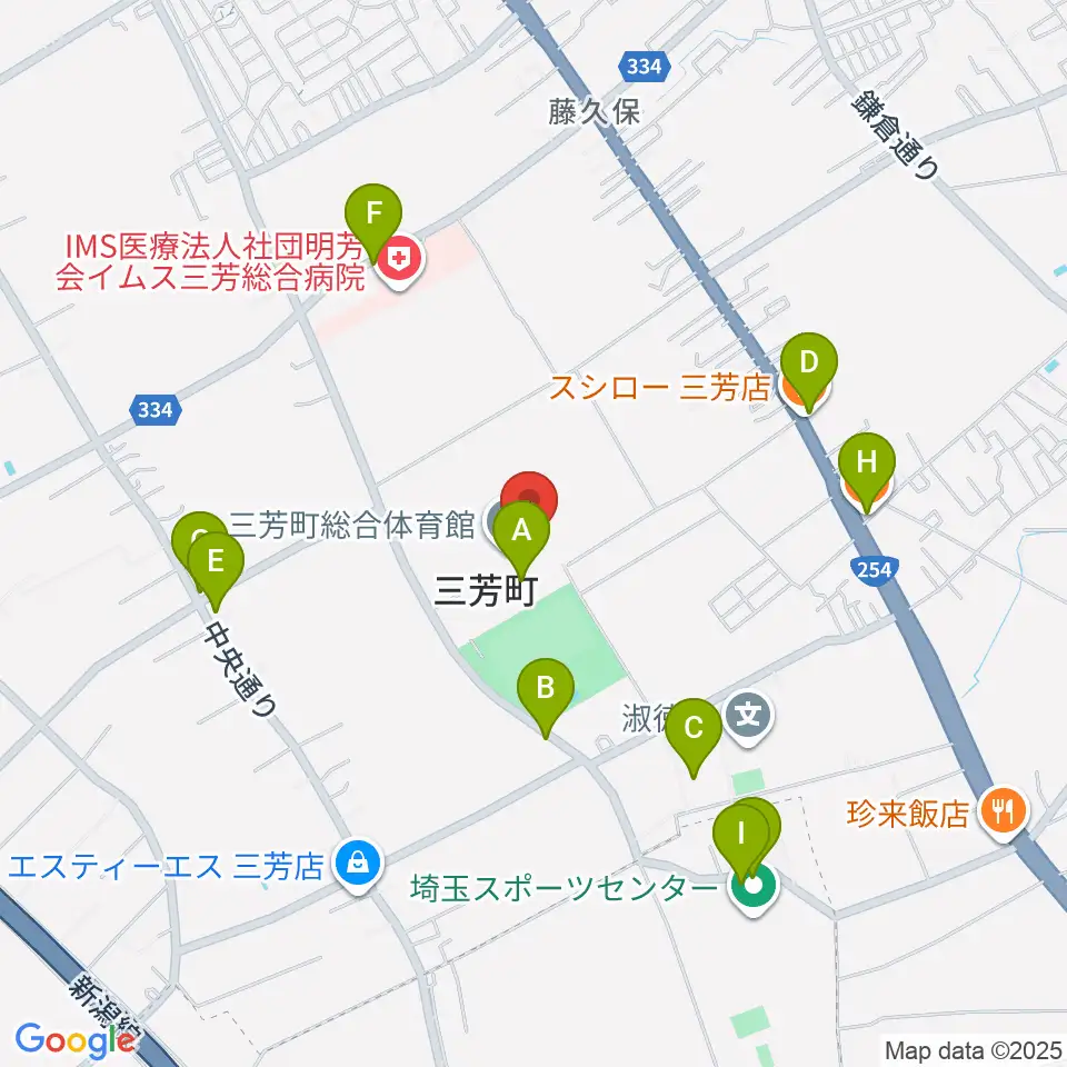 三芳町総合体育館みよしアリーナ周辺のファミレス・ファーストフード一覧地図
