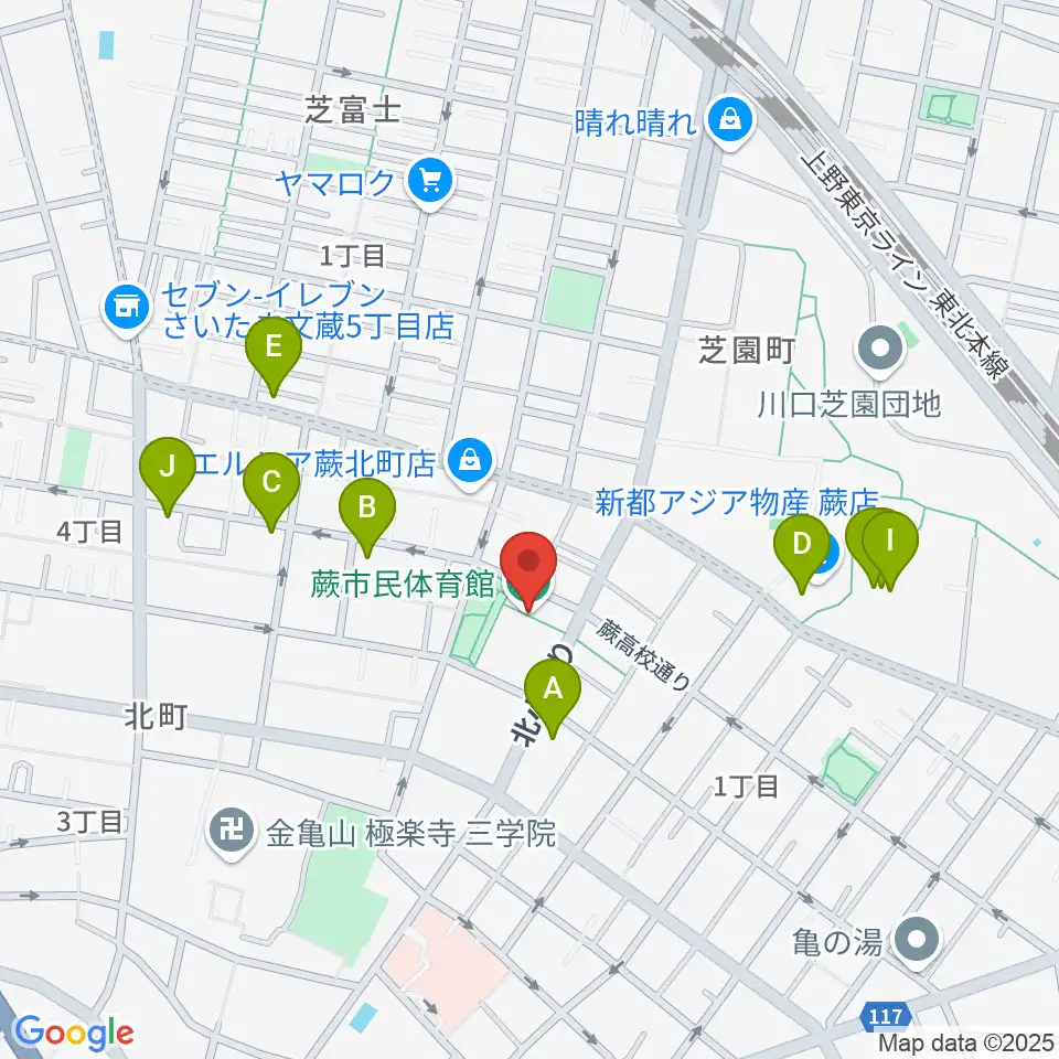 蕨市民体育館周辺のファミレス・ファーストフード一覧地図