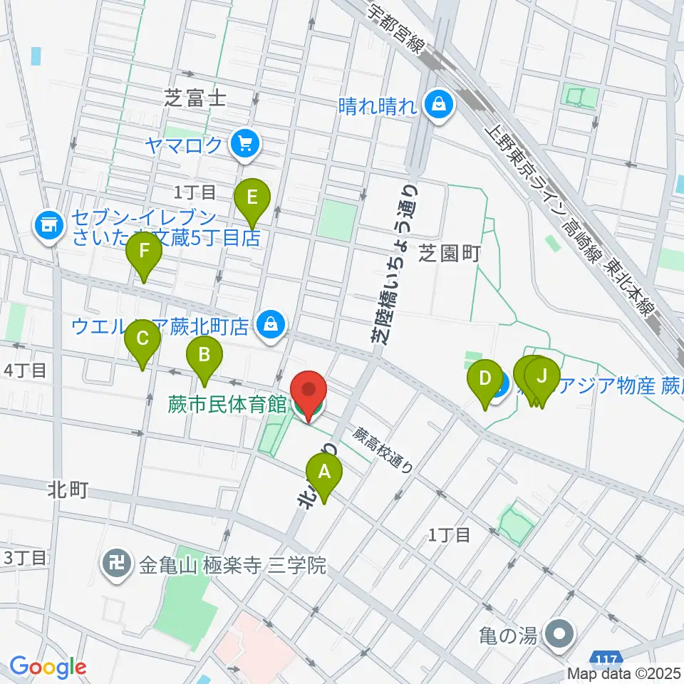蕨市民体育館周辺のファミレス・ファーストフード一覧地図