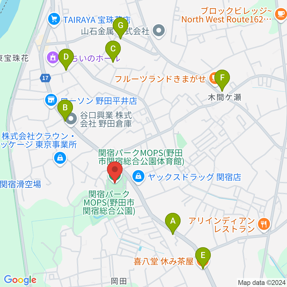 関宿パークMOPS体育館周辺のファミレス・ファーストフード一覧地図