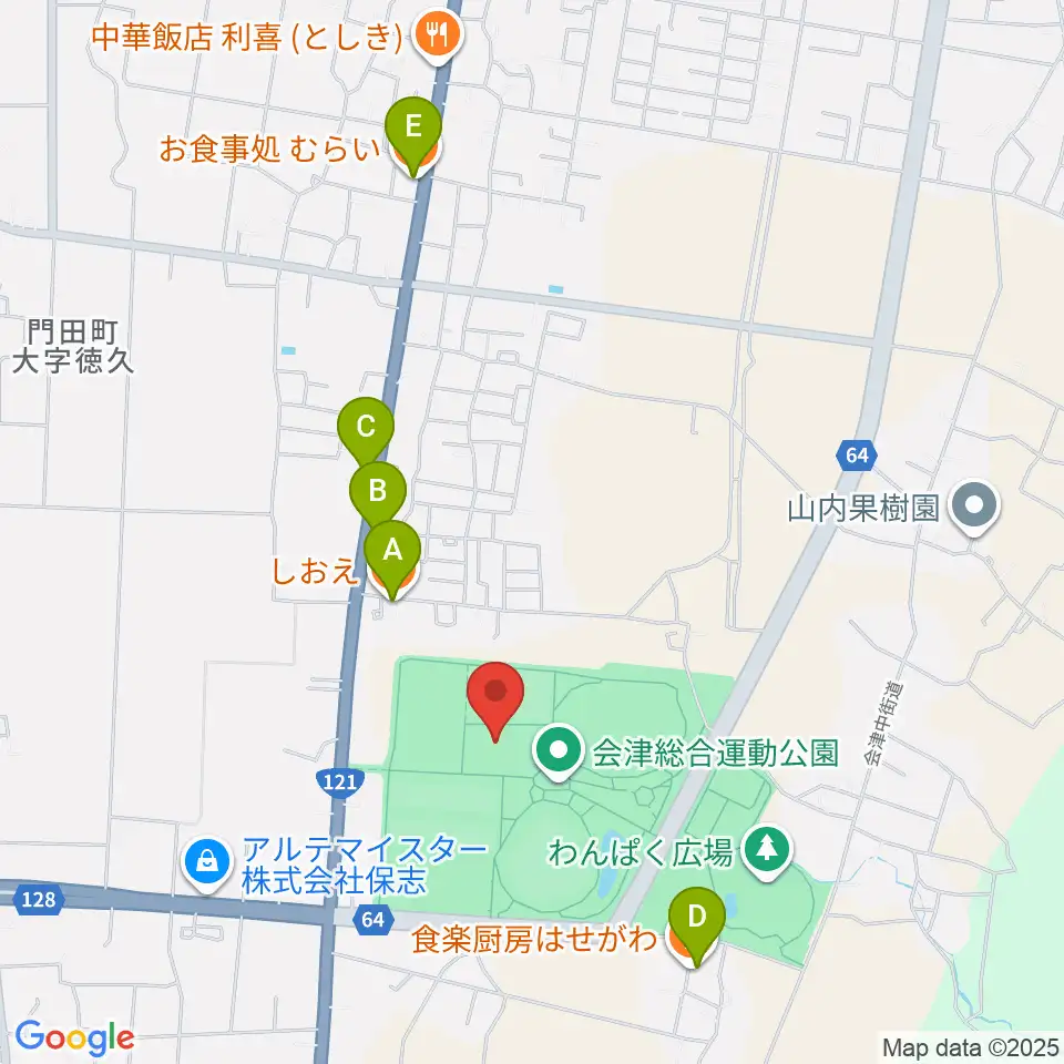 あいづ総合体育館周辺のファミレス・ファーストフード一覧地図