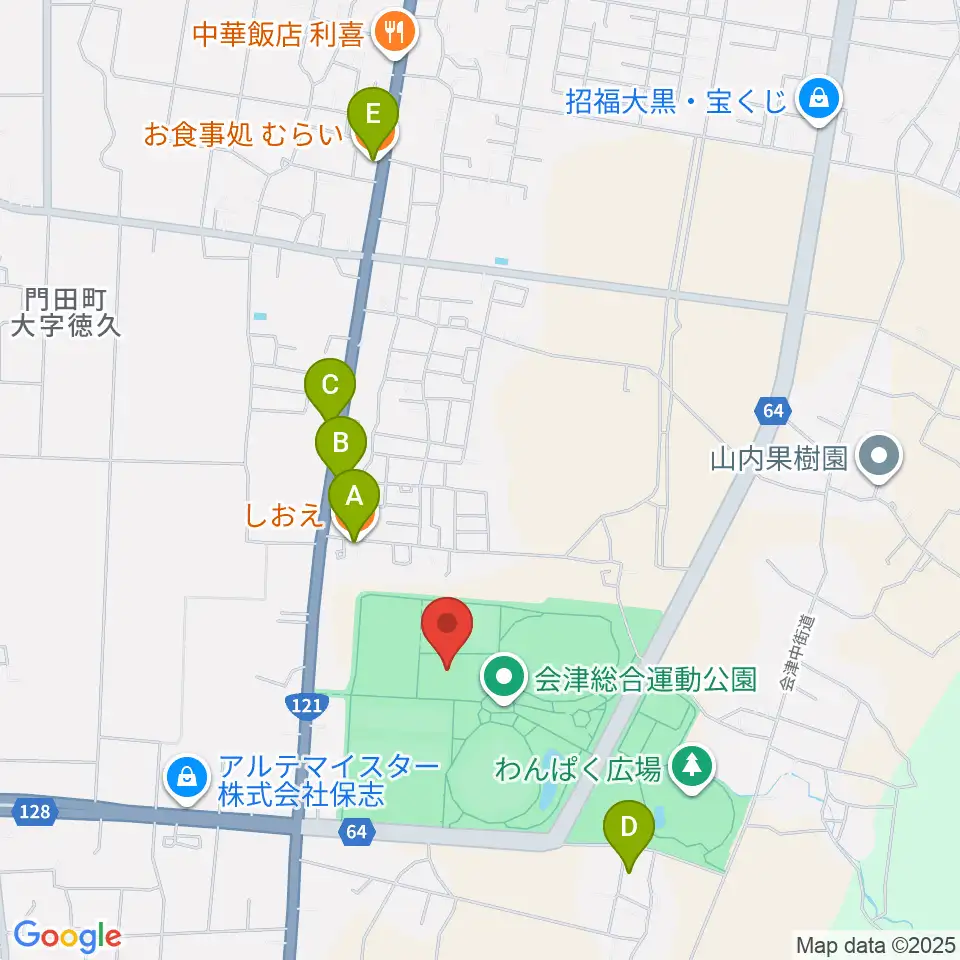 あいづ総合体育館周辺のファミレス・ファーストフード一覧地図