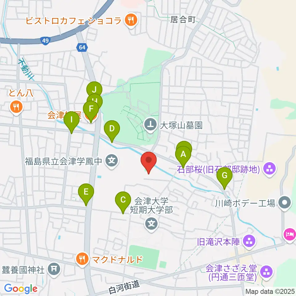 会津若松市ふれあい体育館周辺のファミレス・ファーストフード一覧地図