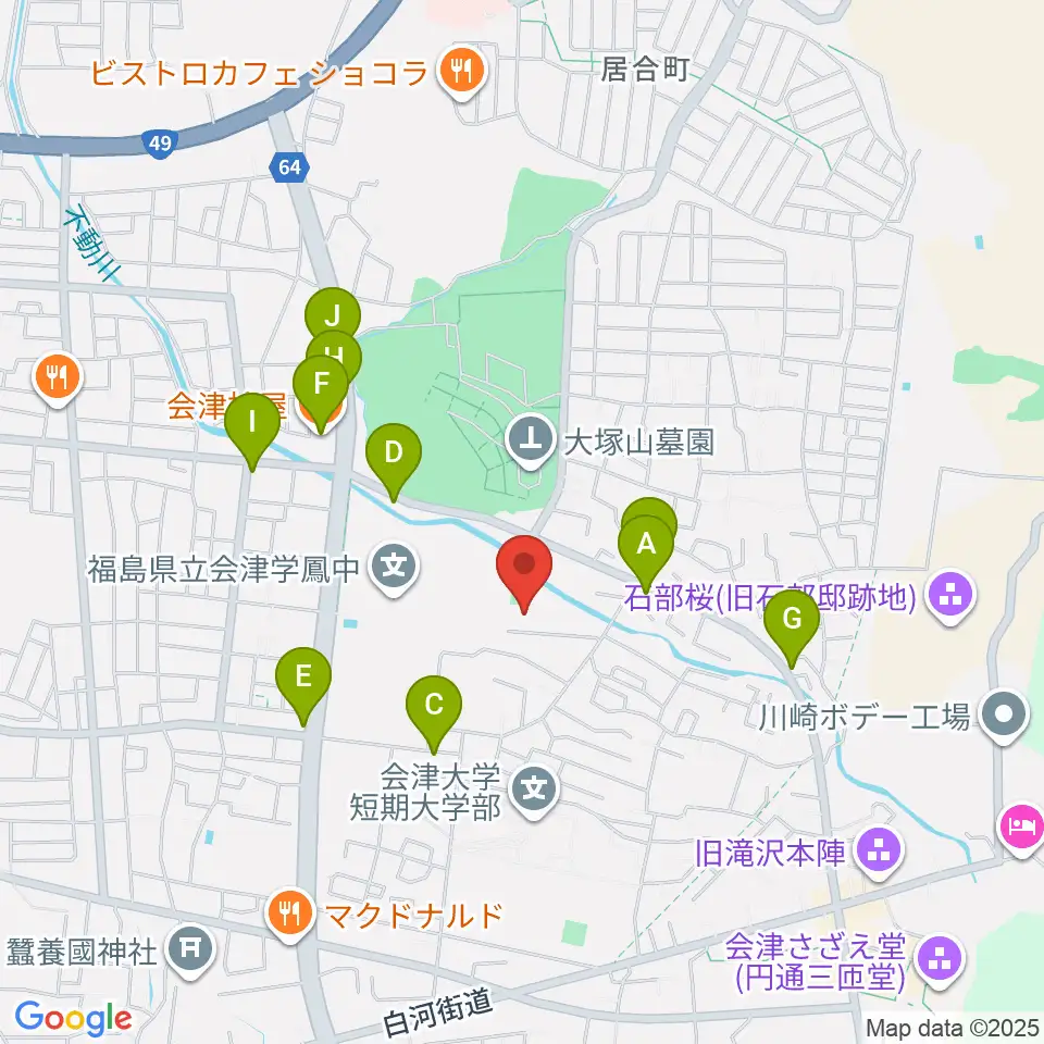 会津若松市ふれあい体育館周辺のファミレス・ファーストフード一覧地図