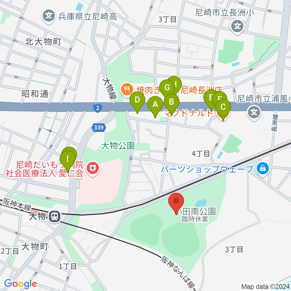 小田南公園野球場周辺のファミレス・ファーストフード一覧地図