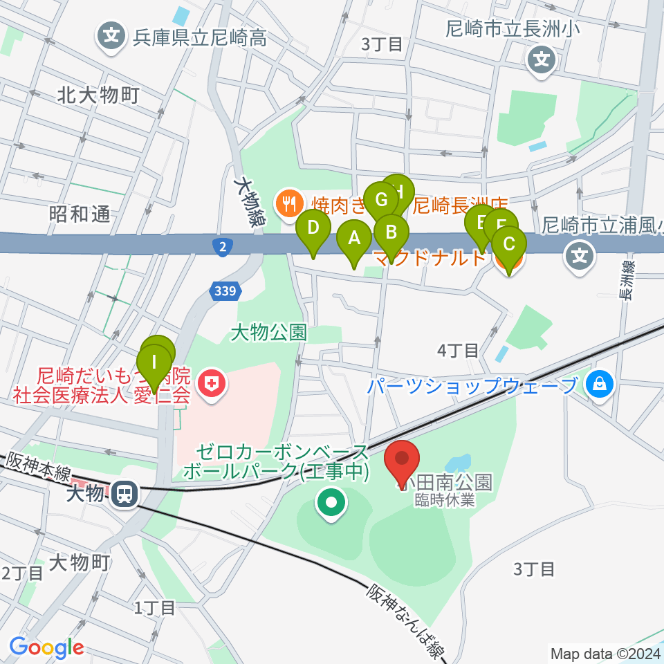 小田南公園野球場周辺のファミレス・ファーストフード一覧地図