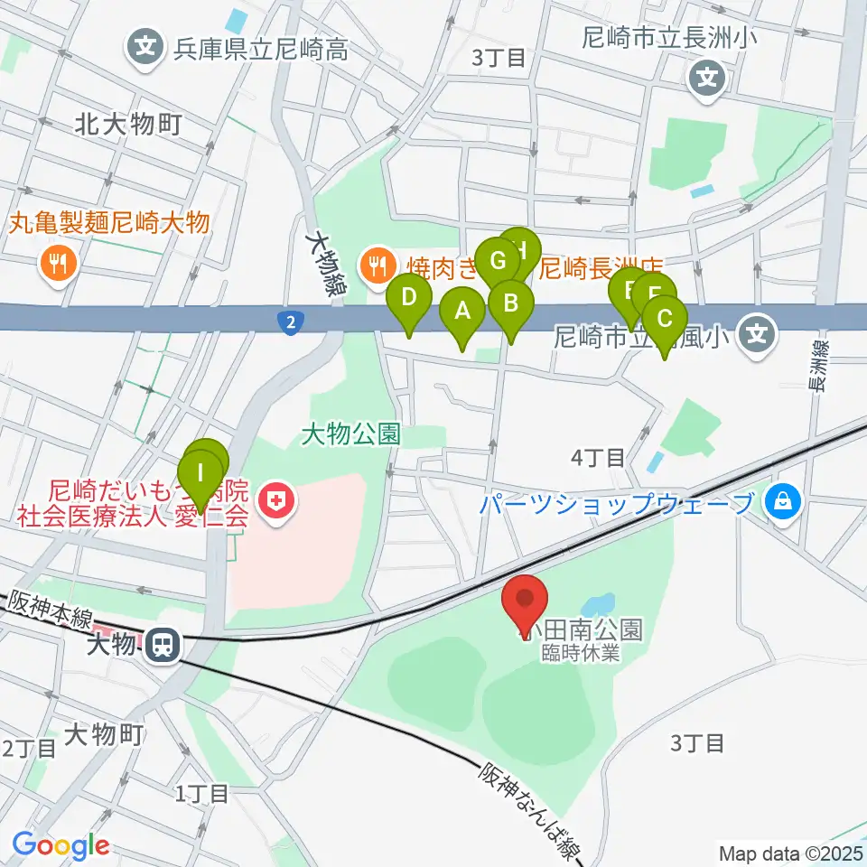 小田南公園野球場周辺のファミレス・ファーストフード一覧地図