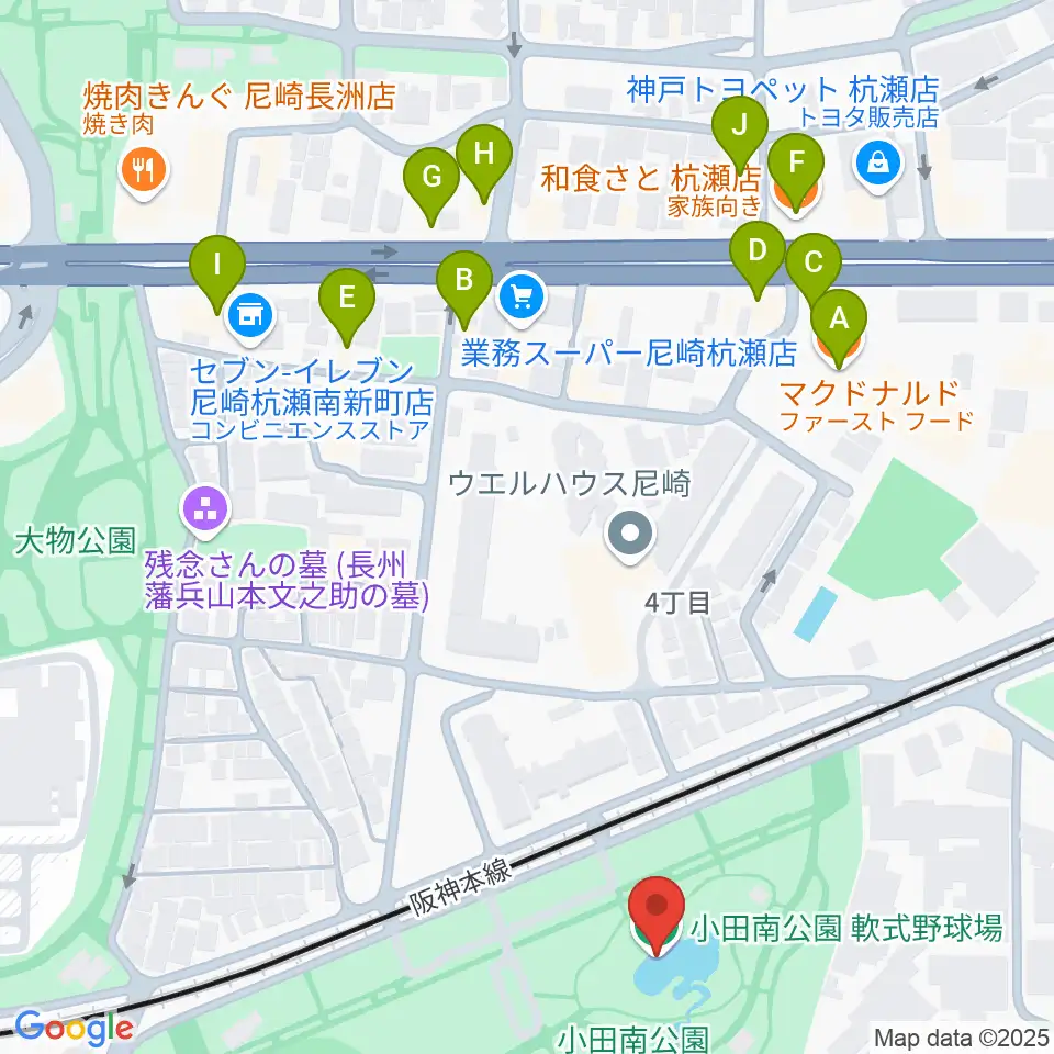 小田南公園軟式野球場周辺のファミレス・ファーストフード一覧地図