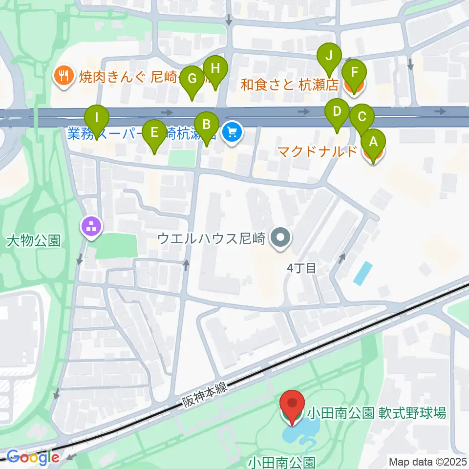 小田南公園軟式野球場周辺のファミレス・ファーストフード一覧地図