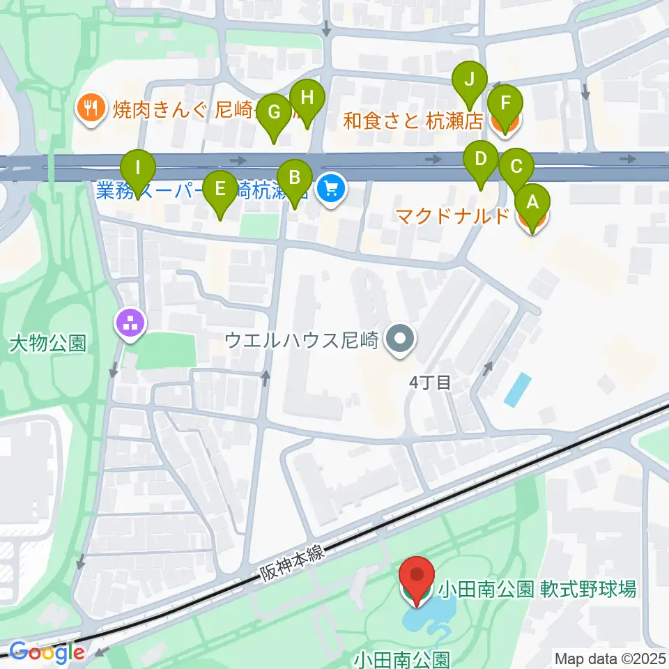 小田南公園軟式野球場周辺のファミレス・ファーストフード一覧地図