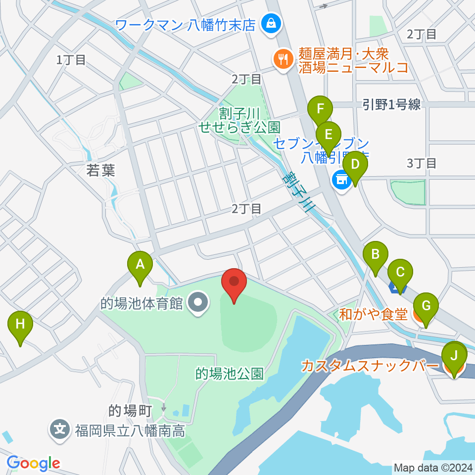 福岡トヨタ的場池スタジアム周辺のファミレス・ファーストフード一覧地図