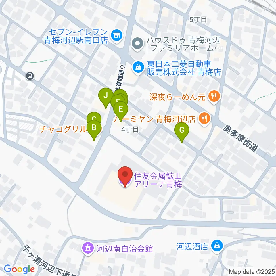 住友金属鉱山アリーナ青梅周辺のファミレス・ファーストフード一覧地図