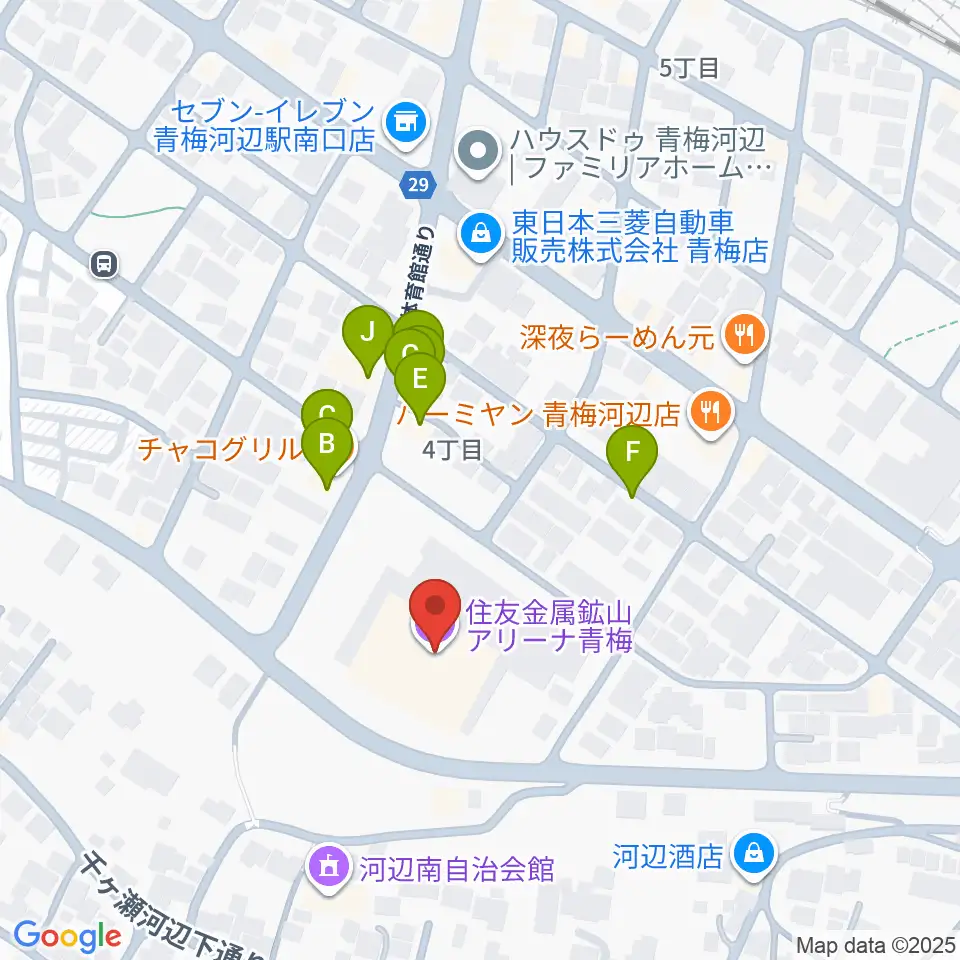 住友金属鉱山アリーナ青梅周辺のファミレス・ファーストフード一覧地図