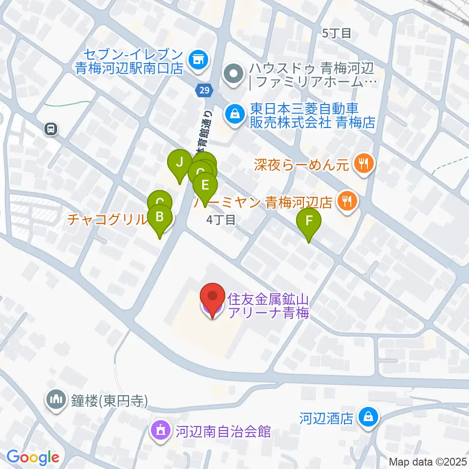 住友金属鉱山アリーナ青梅周辺のファミレス・ファーストフード一覧地図