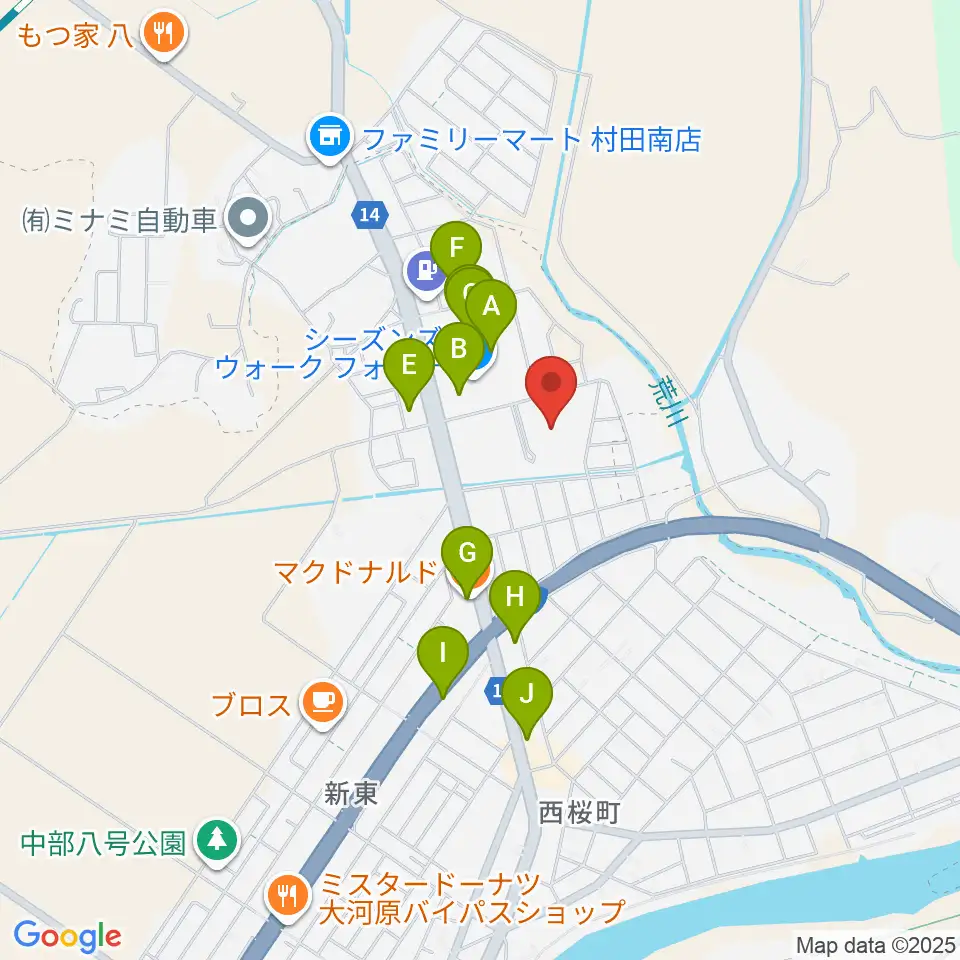 ヒルズはねっこアリーナ周辺のファミレス・ファーストフード一覧地図