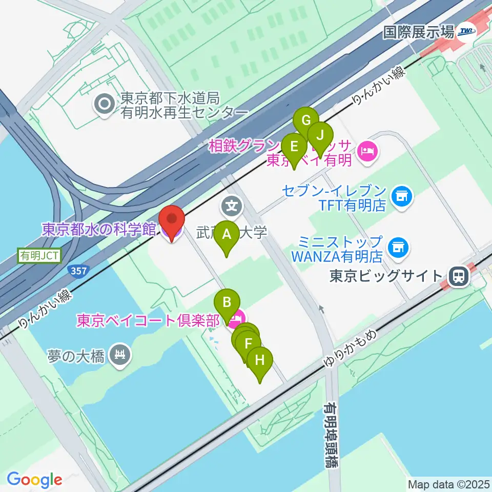 東京都水の科学館周辺のファミレス・ファーストフード一覧地図