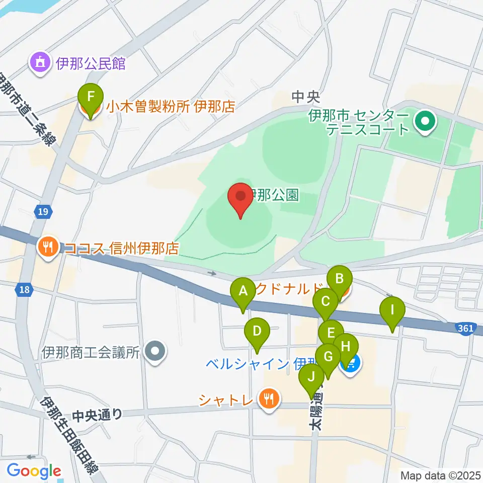 伊那ニッパツ野球場周辺のファミレス・ファーストフード一覧地図