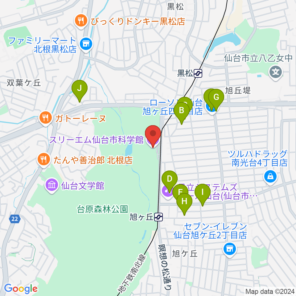 スリーエム仙台市科学館周辺のファミレス・ファーストフード一覧地図