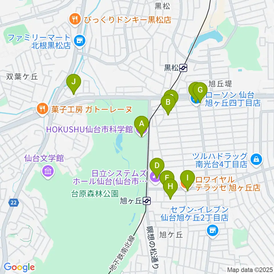 HOKUSHU仙台市科学館周辺のファミレス・ファーストフード一覧地図